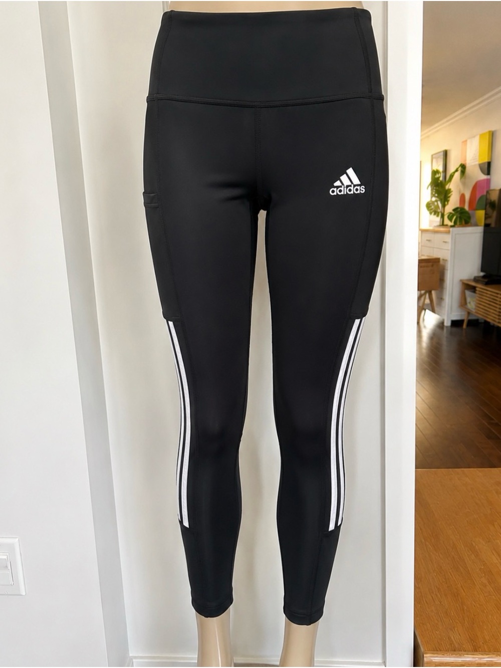 adidas Black Leggings with White Side Stripes/ Small
